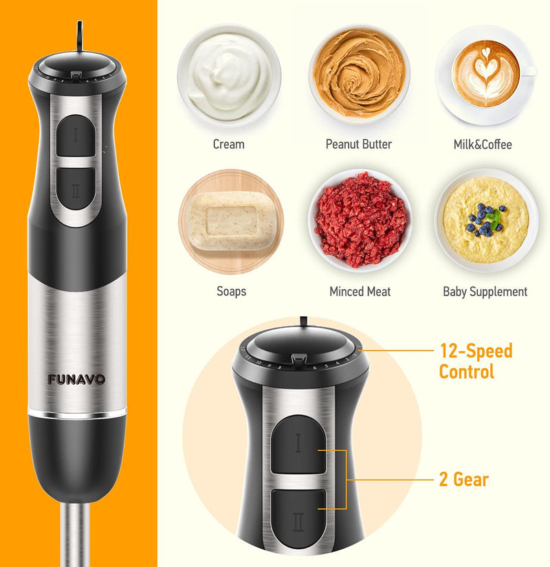 FUNAVO 5-in-1 Handheld Stick Blender Set 12 Speed Stainless Steel Mixer - Grey