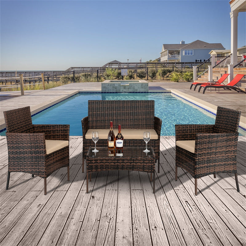 AMYOVE 4PCS Rattan Table Chairs Set Includes Arm Chairs Coffee Table Brown