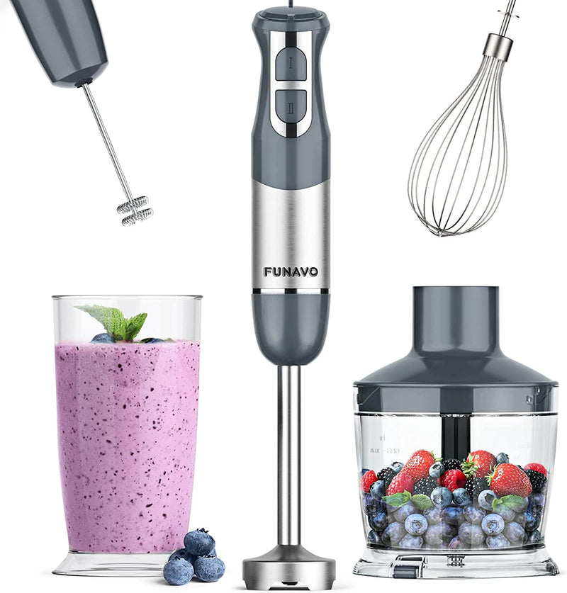 FUNAVO 5-in-1 Handheld Stick Blender Set 12 Speed Stainless Steel Mixer - Grey