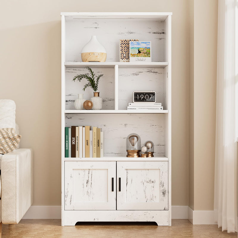 GAOMON Bookcase with LED Lights White Bookshelf with Doors Modern Standing Bookshelves Wooden Unique Book Shelf for Living Room, Home Office