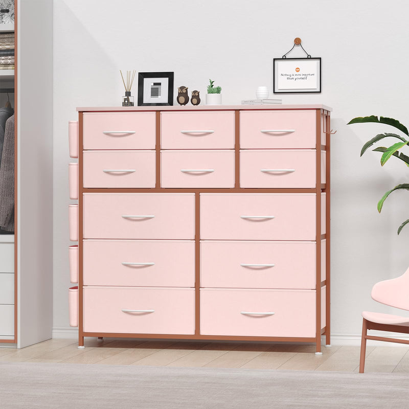 GAOMON Dresser for Bedroom with 12 Drawer, Entryway, Storage Organizer Unit with Fabric, Sturdy Metal Frame, Wood Tabletop, Easy Pull Handle - Pink