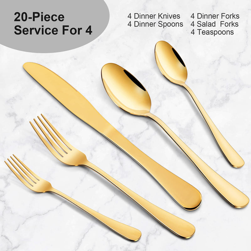 WHIZMAX 20 Piece S592 Stainless Steel Kitchen Flatware Set - Gold