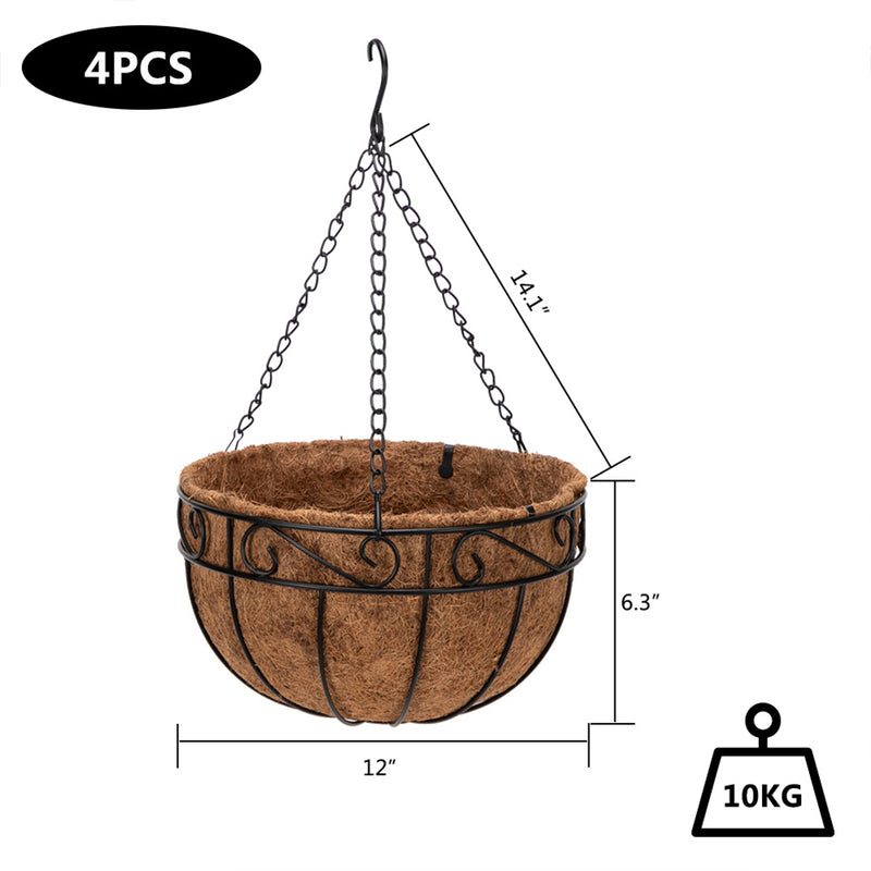 RONSHIN 4pcs 12 Inch Round Coconut Palm Hanging Basket Thickened Rust-Proof Plant Holder