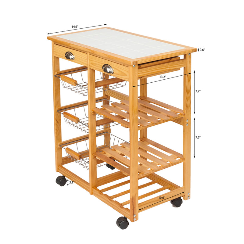 AMYOVE Wooden Dining Cart with 2-Drawer Removable Storage Rack Shelf