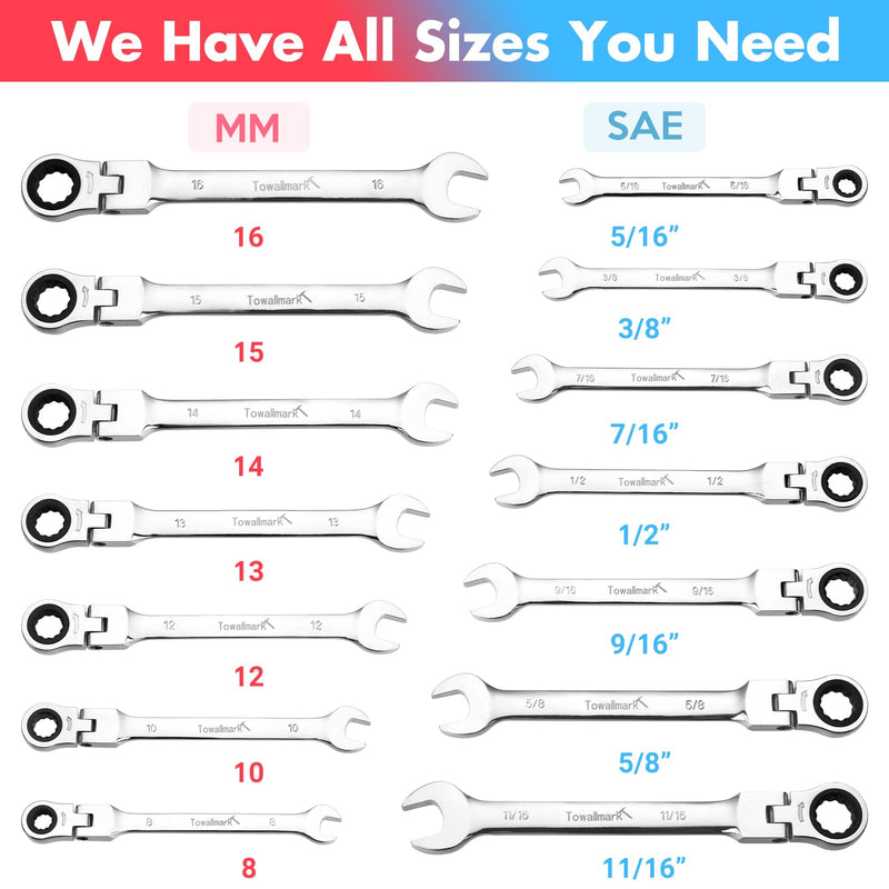 Towallmark 14-Piece Flex-Head Ratcheting Wrench Set