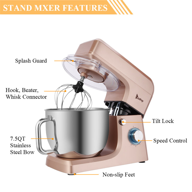 ZOKOP 7.5QT Stand Mixer 6 Speeds Electric Food Mixers Champagne