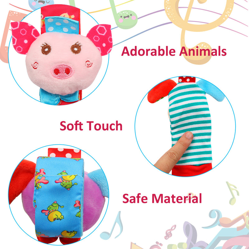 ACEKID Baby Rattle Set 4Pcs Wrist Rattle and Socks Toys Set Pig and Puppy