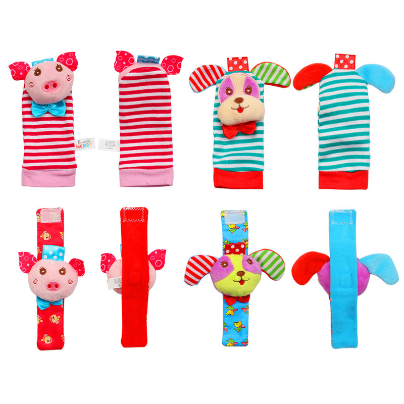 ACEKID Baby Rattle Set 4Pcs Wrist Rattle and Socks Toys Set Pig and Puppy