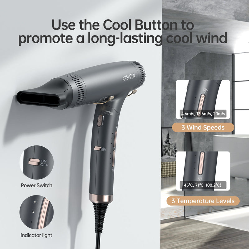 ARSUPEN Professional Hair Dryer Lightweight Foldable Dual Ionic Blow Dryer High Speed for Fast Drying