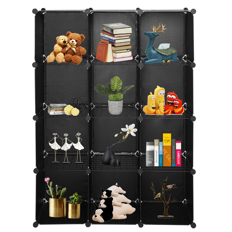 AMYOVE 12-cube Storage Shelf DIY Stackable Bookshelf Cabinet Storage Organizer Black