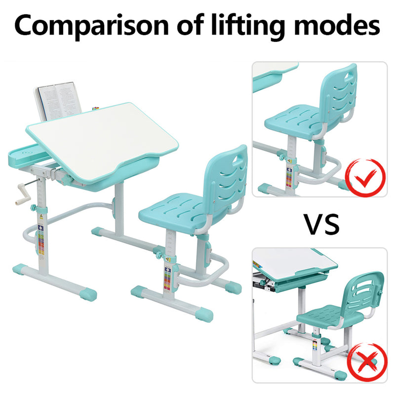 AMYOVE Kids Desk Chair Set 80cm Hand-operated Lifting Table Top Blue Green