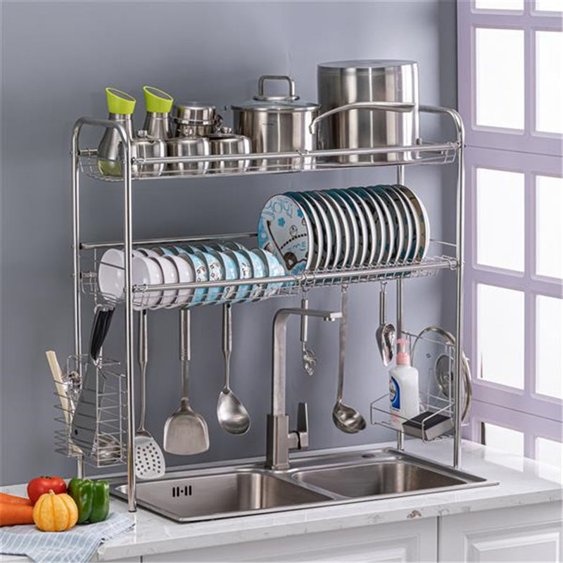 RONSHIN Double Layer Bowl Rack Shelf Dish Drainer 90cm Inner Length Kitchen Organizer Silver