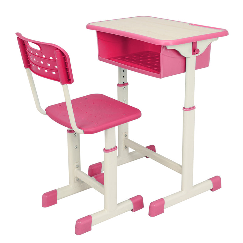 AMYOVE Student Table Chair Set Adjustable White Paint Wood Grain Surface Plastic Pink