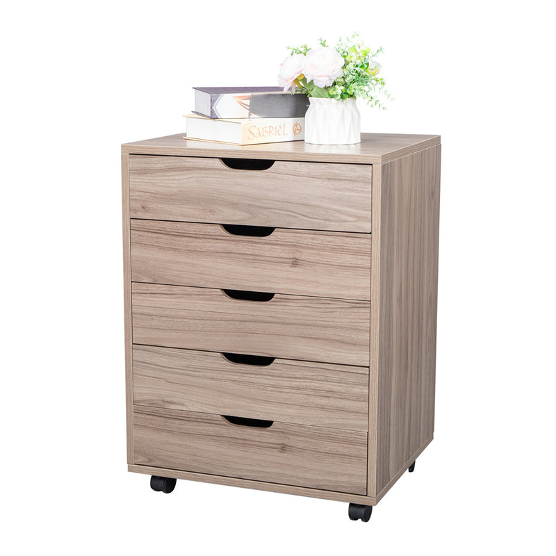 AMYOVE Wooden File Cabinet Five Drawers with 360 Degree Removable Wheels Coffee