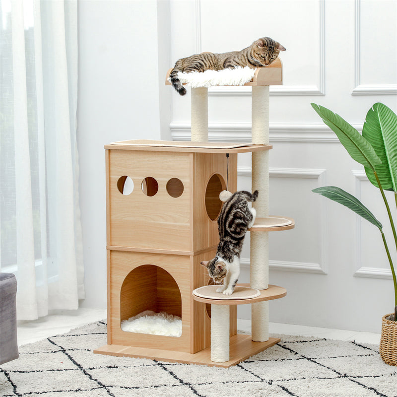 BEESCLOVER Wooden Cat Tree Multi-level Cat Climbing Tower Beige