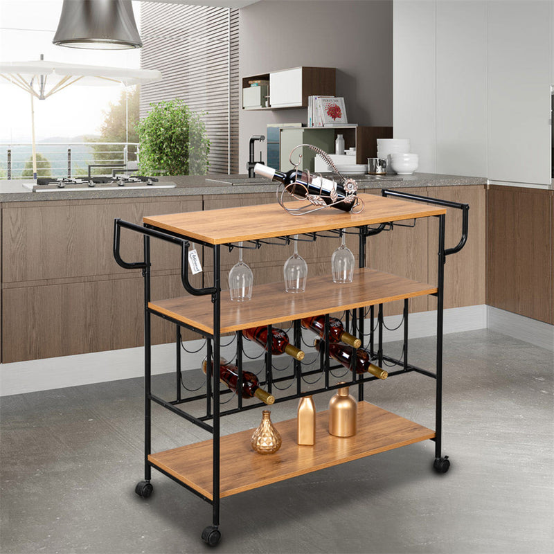 ALICIAN 3-tier Wine Rack Cart Kitchen Rolling Storage Bar Wood Table Serving Trolley Black