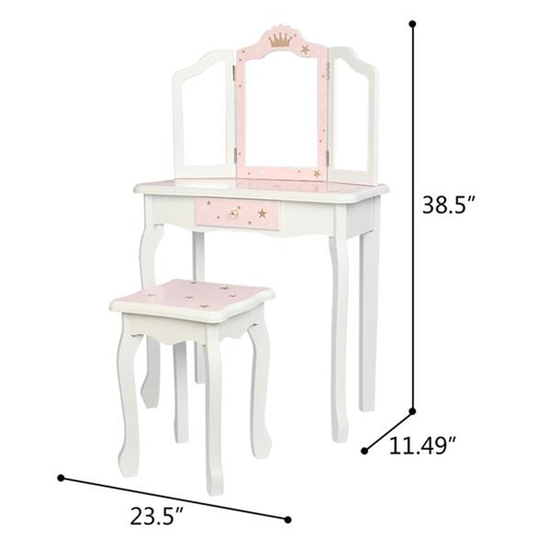 AMYOVE Children Dressing Table Set with Three-sided Folding Mirror Single Drawer Chair Pink