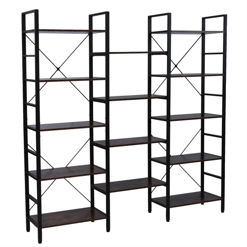 AMYOVE Triple Wide 5 Tier Bookshelf Industrial Style Multipurpose Storage Rack Bookcases