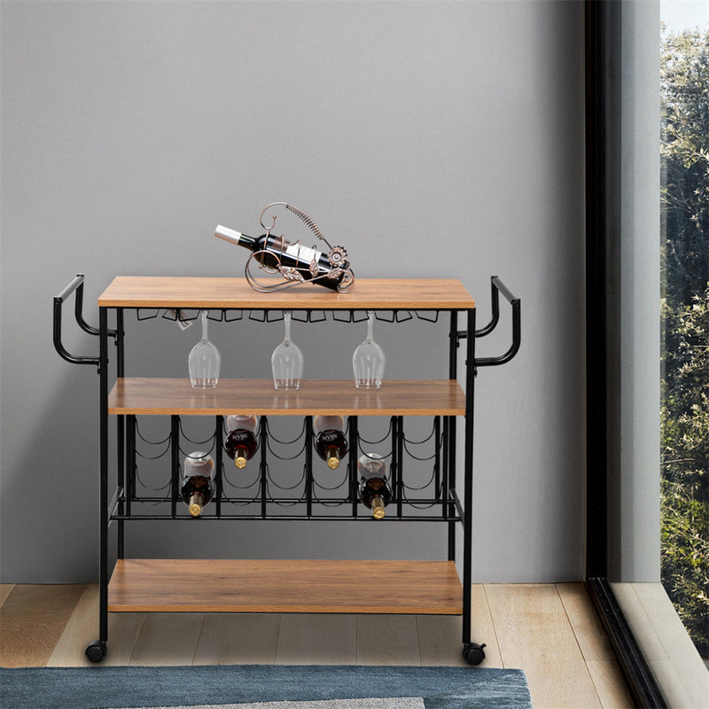 ALICIAN 3-tier Wine Rack Cart Kitchen Rolling Storage Bar Wood Table Serving Trolley Black