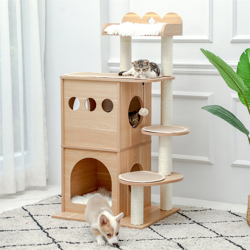 BEESCLOVER Wooden Cat Tree Multi-level Cat Climbing Tower Beige