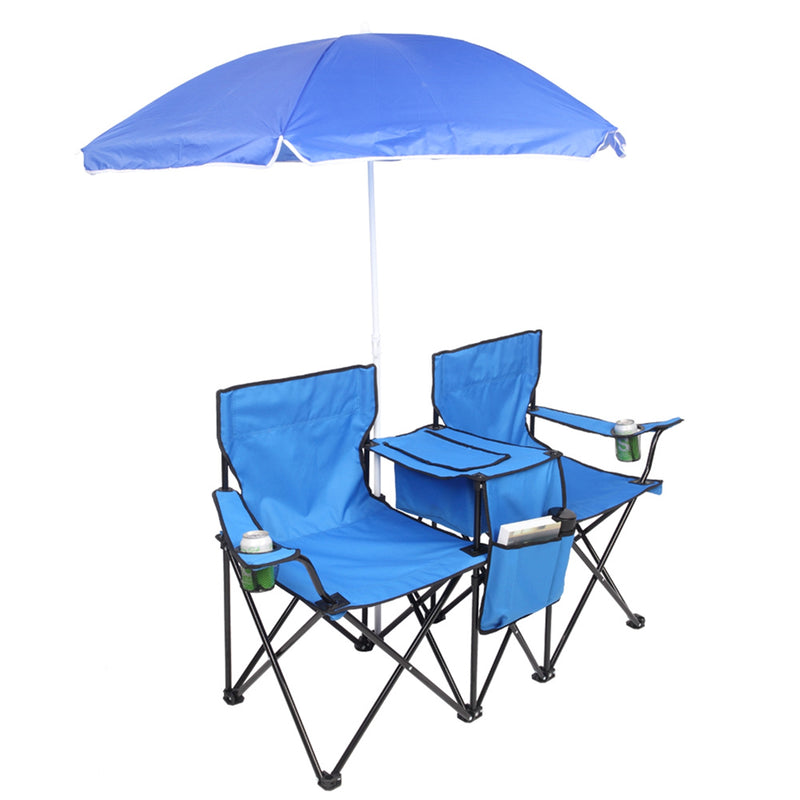 ALICIAN Double Folding Picnic Camping Chairs with Umbrella Blue