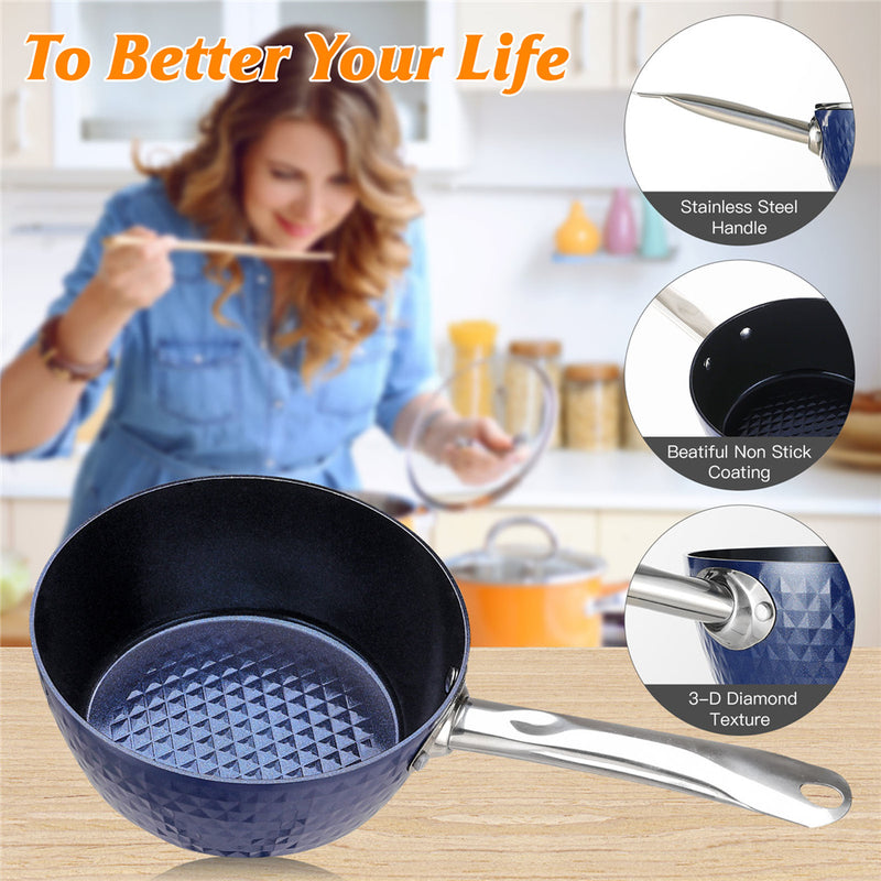 DISHYKOOKER 18cm/ 1.5L Milk Pan with Lid Stainless Steel Handle Blue