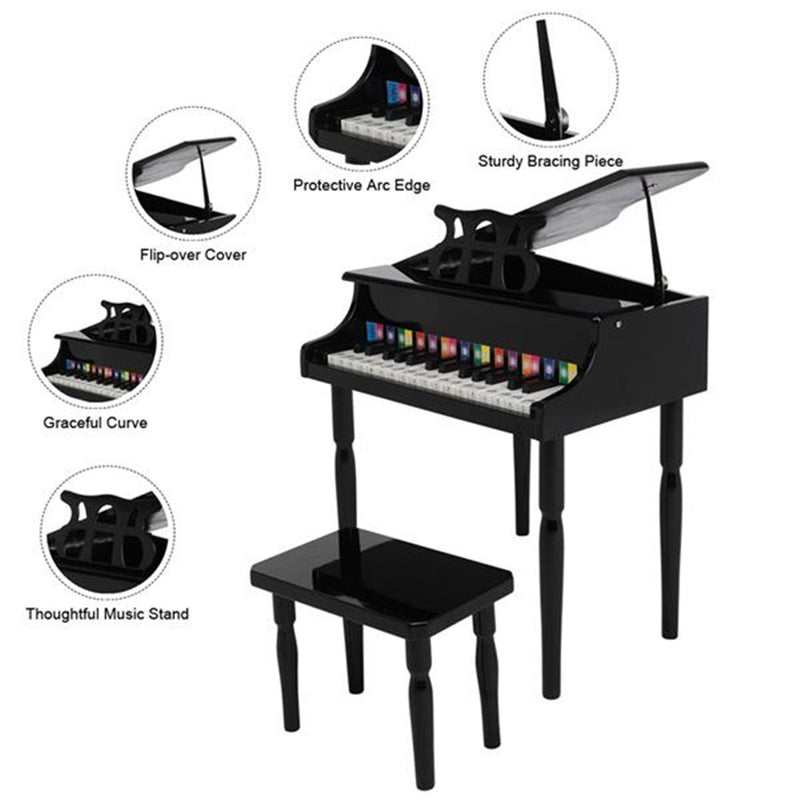 YIWA Children 30-key Wooden Piano with Music Stand Mechanical Sound Black