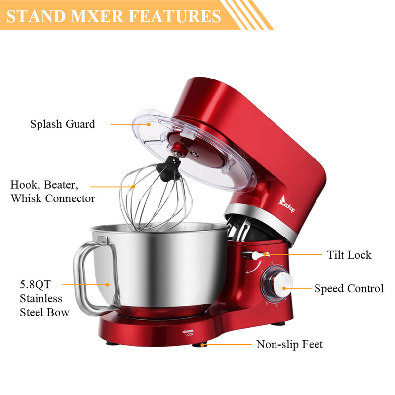 ZOKOP 5.8QT Kitchen Stand Mixer 6 Speeds Low Noise Anti-Skid Red