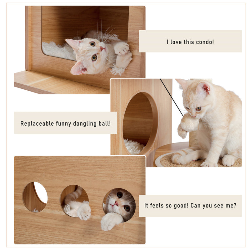 BEESCLOVER Wooden Cat Tree Multi-level Cat Climbing Tower Beige