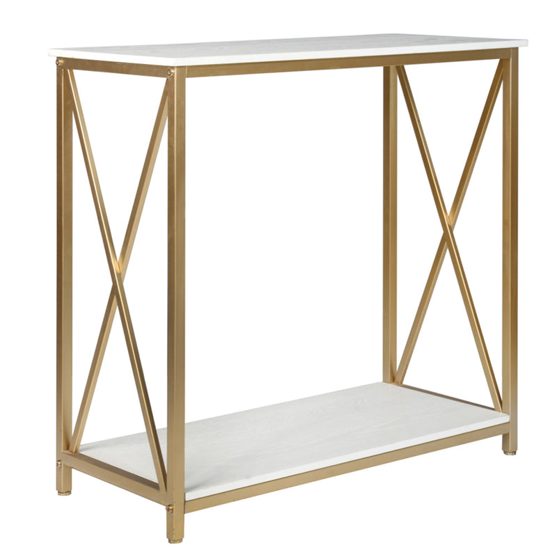 AMYOVE 2-Tier Console Table Space Saving Entry Table with Gold Metal Frame White Panel Top