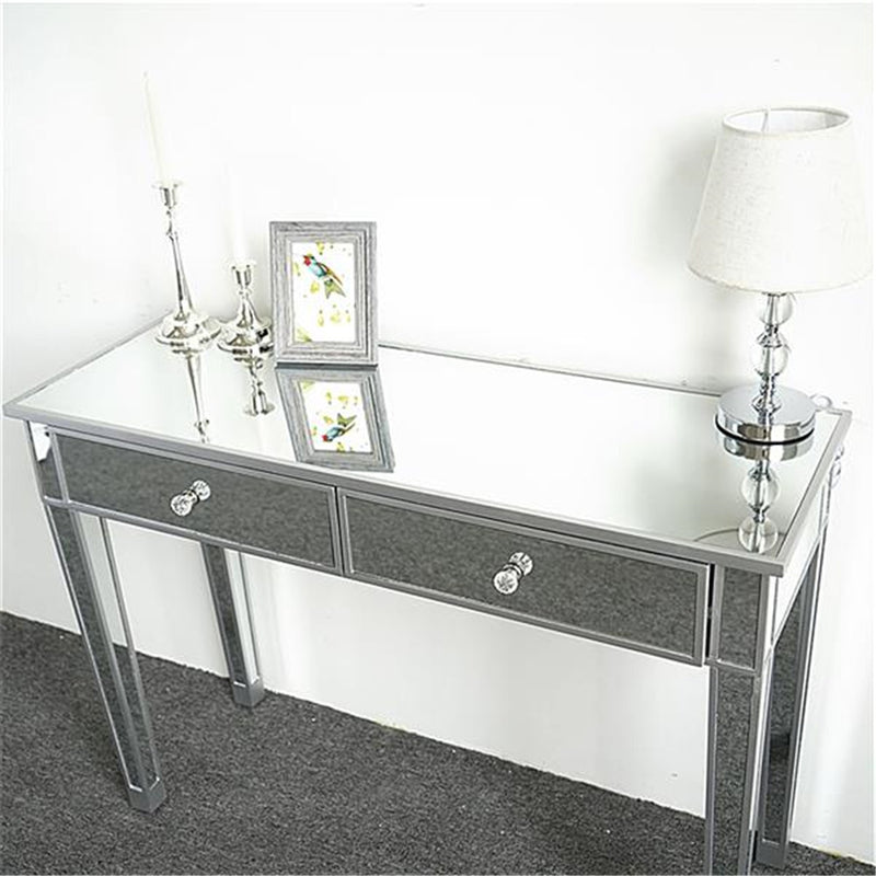 AMYOVE Dressing Table Bedroom Table Glass Mirror Table with Two Drawers Silver