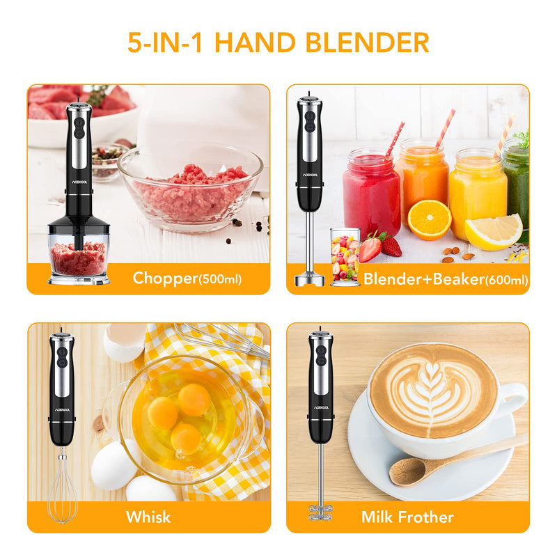 Acekool 800W Immersion 5-in-1 Hand Blender 12 Speed Stainless Steel Stick Blender with Turbo Mode