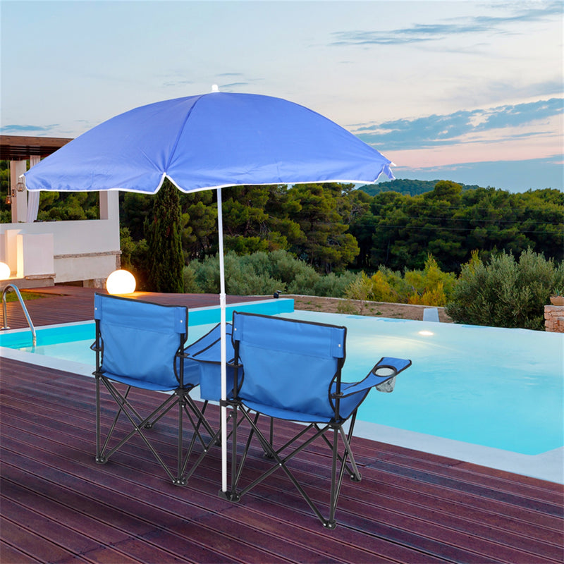 ALICIAN Double Folding Picnic Camping Chairs with Umbrella Blue