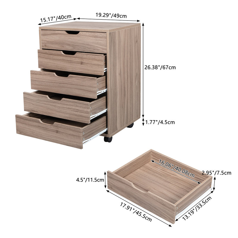 AMYOVE Wooden File Cabinet Five Drawers with 360 Degree Removable Wheels Coffee