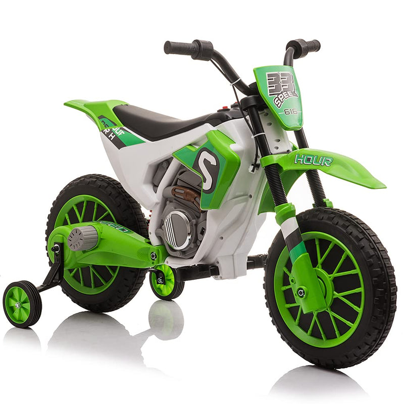 Kids Ride on Motorcycle,12V 7ah Dirt Bike Electric Battery-Powered 2 Speeds Off-Road Motocross with 35W Strong Motor, Training Wheels, Spring Suspension,Green