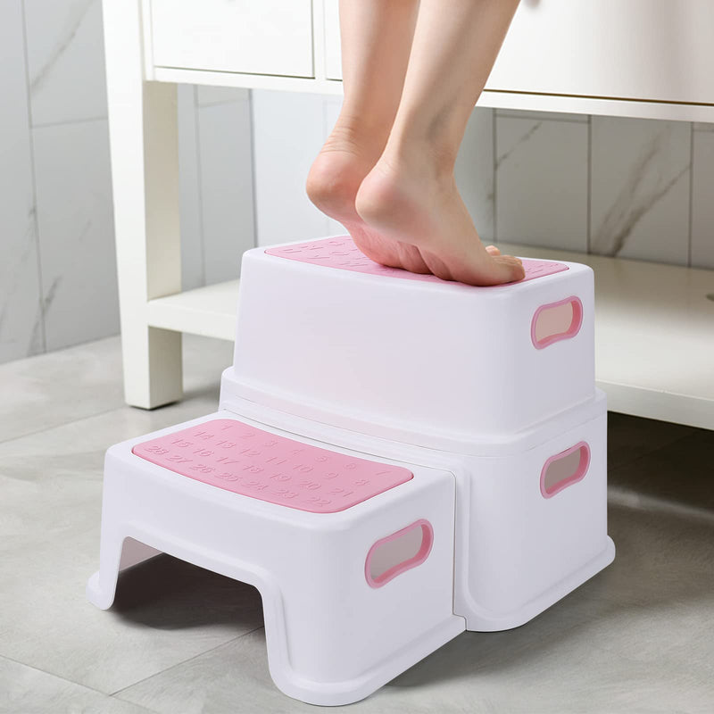 2 Step Stools for Kids, Toddler Step Stool for Potty Training, Potty Stools with Numbers/ABC and Handles, Anti-Slip Stackable Double Up Two Step Stool for Bathroom, Kitchen Toilet Potty, Pink