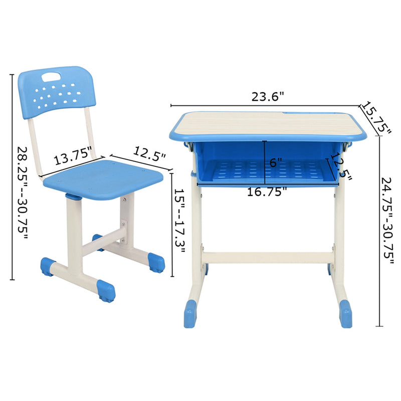 AMYOVE Student Table Chair Set Adjustable White Paint Wood Grain Surface Plastic Blue