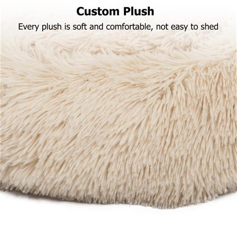 BEESCLOVER Round Plush Pet Bed Fluffy Soft Warm Calming Bed Dog Cat Sleeping Nest Khaki