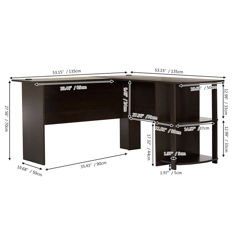 AMYOVE L-shaped Wooden Right Angle Computer Desk With Two-layer Bookshelves