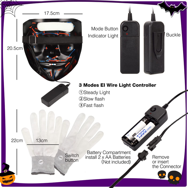 WHIZMAX Halloween LED Mask Skeleton Gloves Set