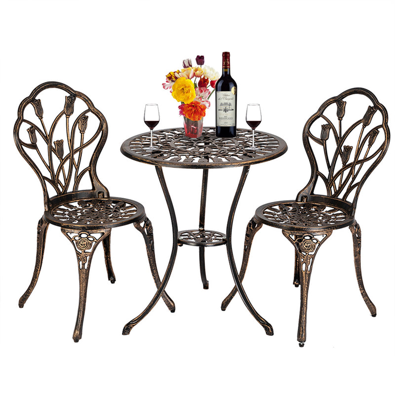 AMYOVE 3pcs Tulip Bistro Set European Style Cast Aluminum Bronze Color Outdoor