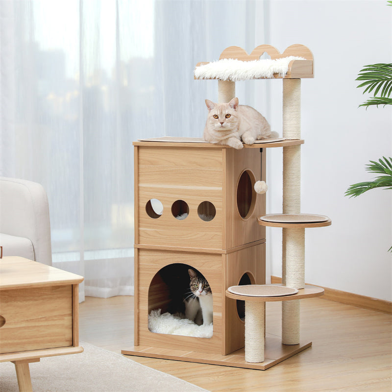 BEESCLOVER Wooden Cat Tree Multi-level Cat Climbing Tower Beige