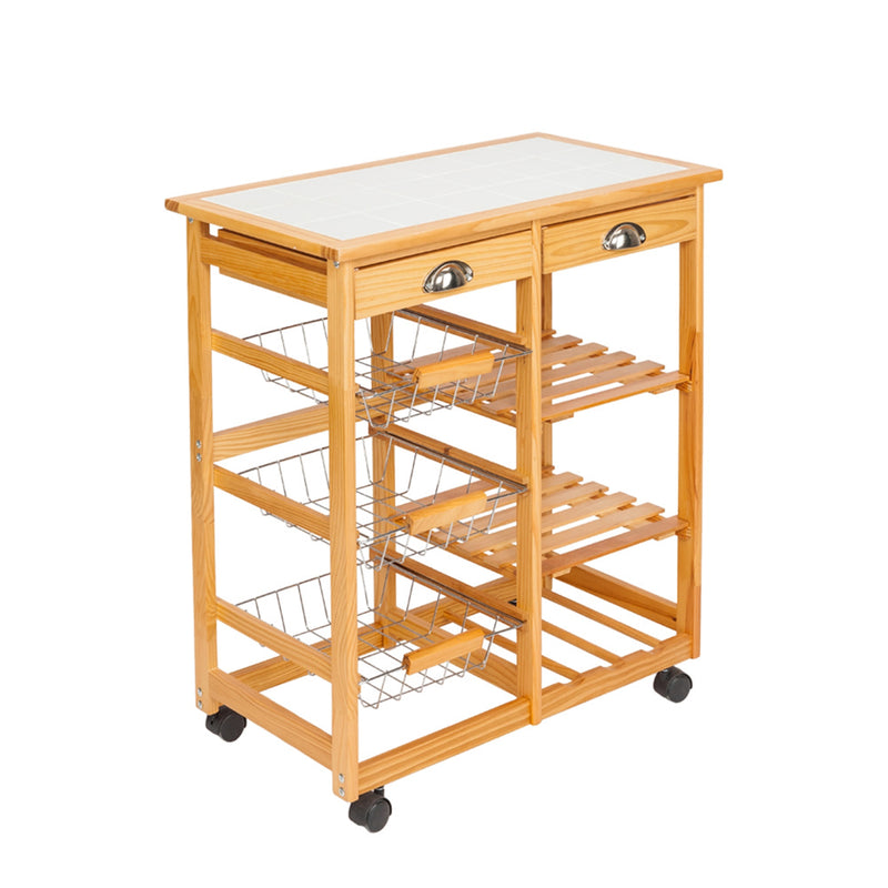 AMYOVE Wooden Dining Cart with 2-Drawer Removable Storage Rack Shelf