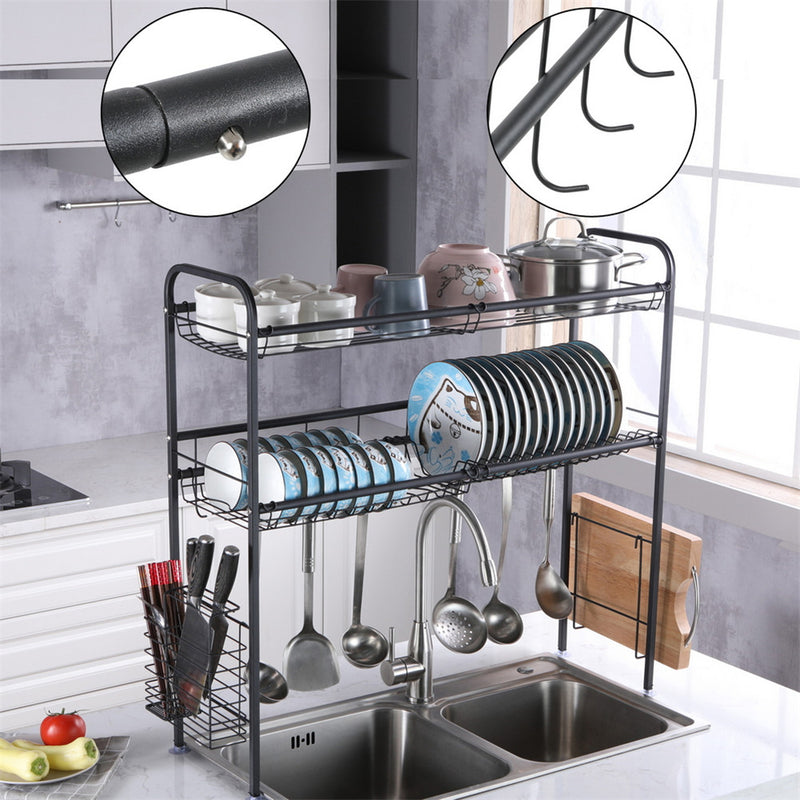 RONSHIN Single Layer Bowl Rack Shelf Dish Drainer 90cm Inner Length Kitchen Organizer Black