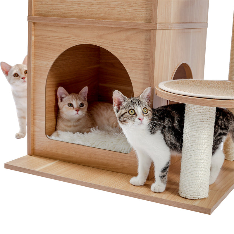 BEESCLOVER Wooden Cat Tree Multi-level Cat Climbing Tower Beige