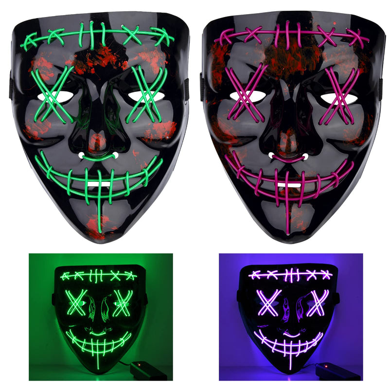 CYNDIE Halloween 2pcs LED Mask Scary Mask Green Purple