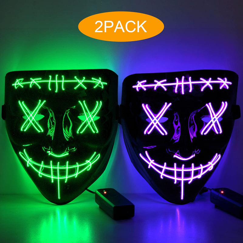 WHIZMAX Halloween 2pcs LED Mask Scary Mask Green Purple