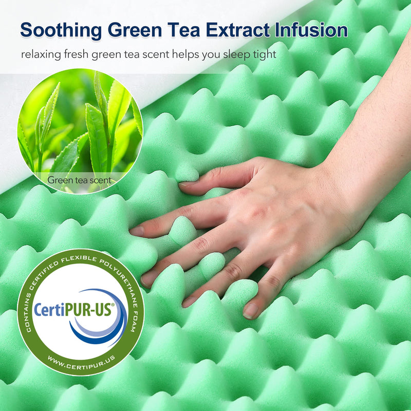 HOMHOUGO Mattress Topper Full XL 3 Inch Green Tea Egg Crate Memory Foam Mattress Topper