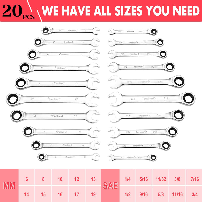 TOWALLMARK 20-Piece SAE Metric Ratcheting Combination Wrench Set Ratchet Wrenches Set