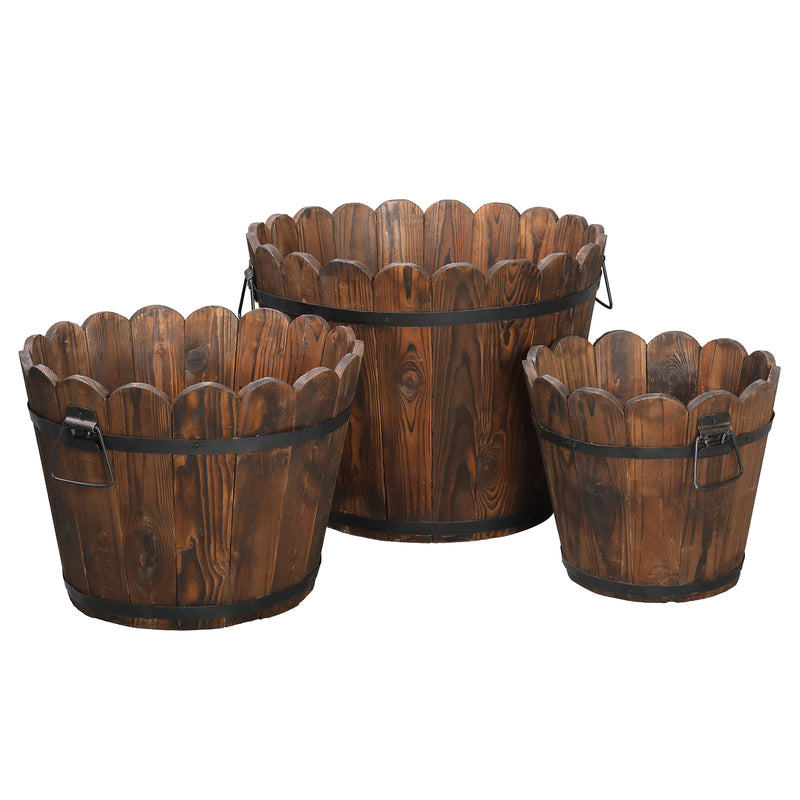 RONSHIN 3PCS Planting Pots Retro Style Outdoor Reinforced Flower-Shaped Wooden Barrels